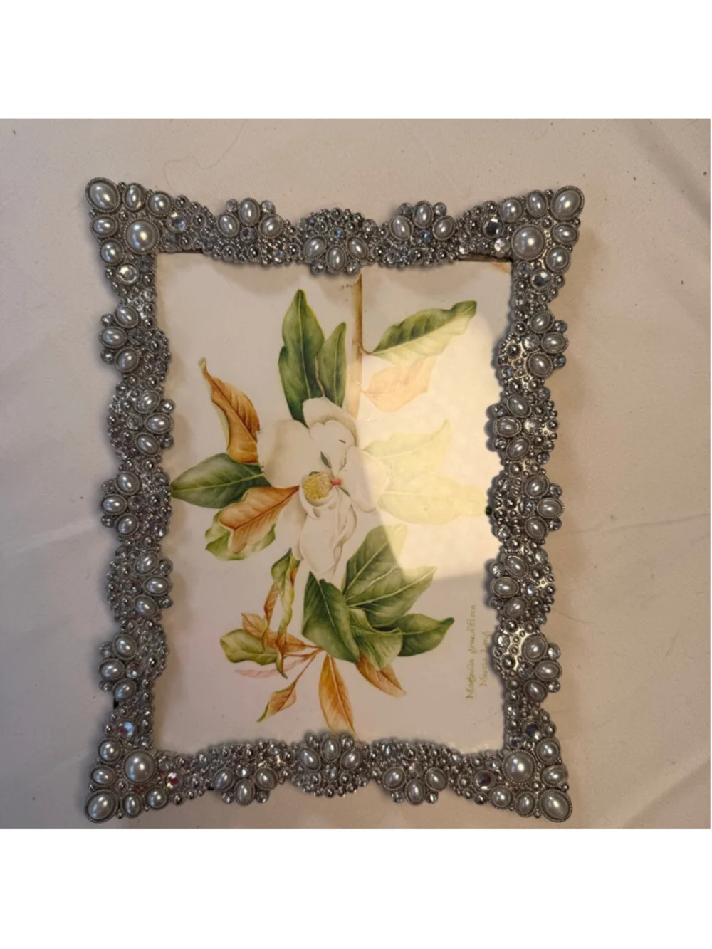 Elegant Pearl & Rhinestone Embellished Picture Frame 5x7 Silver Tone Decorative